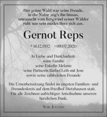 Traueranzeige von Gernot Reps von Südthüringer Presse