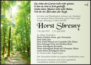 Traueranzeige von Horst Sbresny von Südthüringer Presse