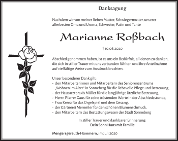 Traueranzeige von Marianne Roßbach von Südthüringer Presse