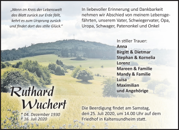 Traueranzeige von Ruthard Wuchert von Südthüringer Presse