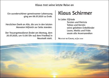 Traueranzeige von Klaus Schirmer von Neue Presse Coburg
