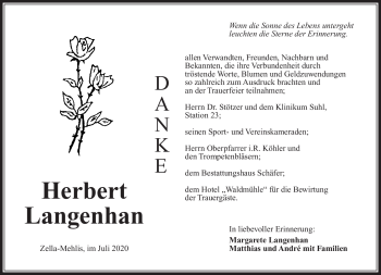 Traueranzeige von Herbert Langenhan von Südthüringer Presse
