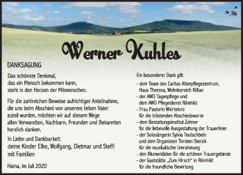 Traueranzeige von Werner Kuhles von Südthüringer Presse