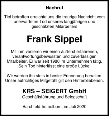 Traueranzeige von Frank Sippel von Südthüringer Presse