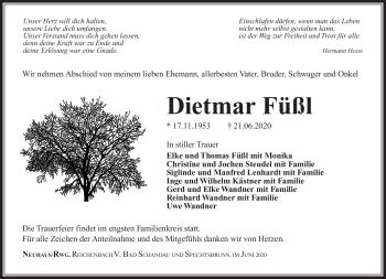 Traueranzeige von Dietmar Füßl von Südthüringer Presse