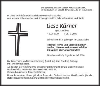 Traueranzeige von Liese Kärner von Frankenpost