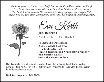 Traueranzeige von Eva Korth von Südthüringer Presse