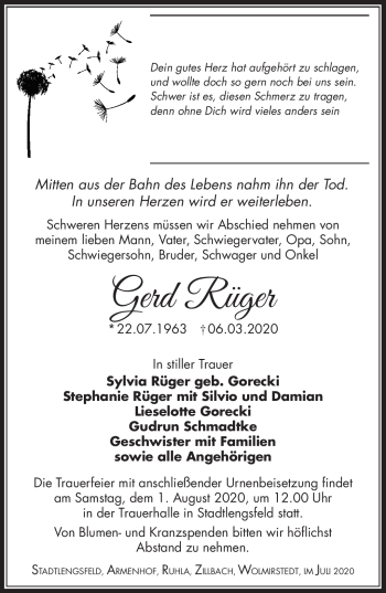 Traueranzeige von Gerd Rüger von Südthüringer Presse