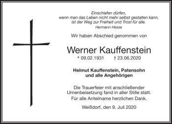 Traueranzeige von Werner Kauffenstein von Frankenpost