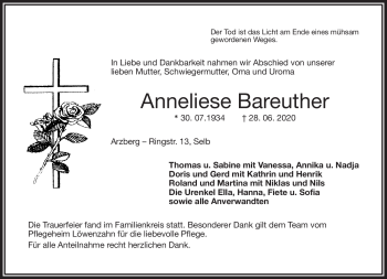 Traueranzeige von Anneliese Bareuhter von Frankenpost