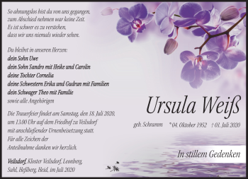 Traueranzeige von Ursula Weiß von Südthüringer Presse