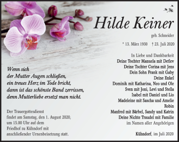 Traueranzeige von Hilde Keiner von Südthüringer Presse