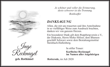 Traueranzeige von Inge Recknagel von Südthüringer Presse