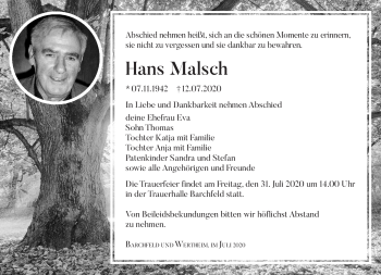 Traueranzeige von Hans Malsch von Südthüringer Presse