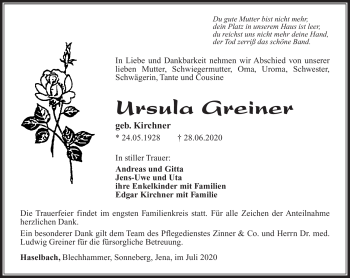 Traueranzeige von Ursula Greiner von Südthüringer Presse