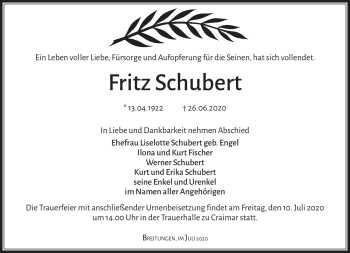 Traueranzeige von Fritz Schubert von Südthüringer Presse