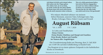 Traueranzeige von August Rübsam von Südthüringer Presse