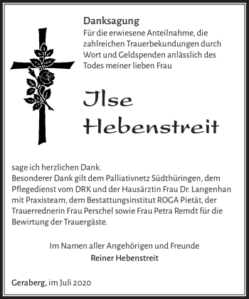Traueranzeige von Ilse Hebenstreit von Südthüringer Presse