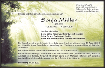 Traueranzeige von Sonja Müller von Südthüringer Presse