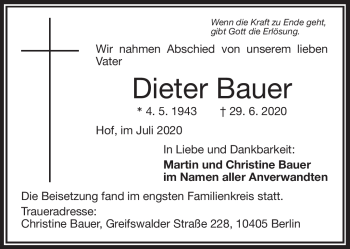Traueranzeige von Dieter Bauer von Frankenpost