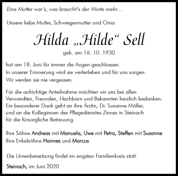 Traueranzeige von Hilda Sell von Südthüringer Presse