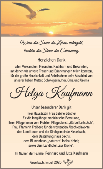 Traueranzeige von Helga Kaufmann von Südthüringer Presse