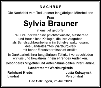 Traueranzeige von Sylvia Brauner von Südthüringer Presse