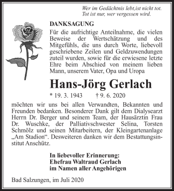 Traueranzeige von Hans-Jörg Gerlach von Südthüringer Presse