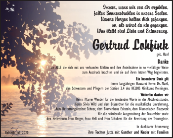 Traueranzeige von Gertrud Lohfink von Südthüringer Presse