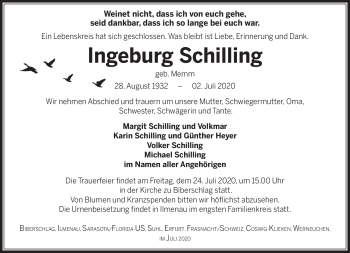 Traueranzeige von Ingeburg Schilling von Südthüringer Presse