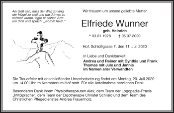 Traueranzeige von Elfriede Wunner von Frankenpost