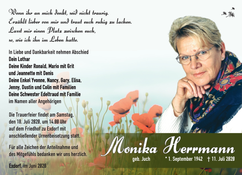  Traueranzeige für Monika Herrmann vom 16.07.2020 aus Südthüringer Presse