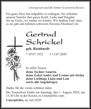 Traueranzeige von Gertrud Schrickel von Südthüringer Presse