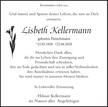 Traueranzeige von Lisbeth Kellermann von Südthüringer Presse