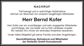 Traueranzeige von Bernd Kofer von Frankenpost