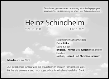 Traueranzeige von Heinz Schindhelm von Neue Presse Coburg