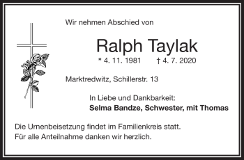Traueranzeige von Ralph Taylak von Frankenpost