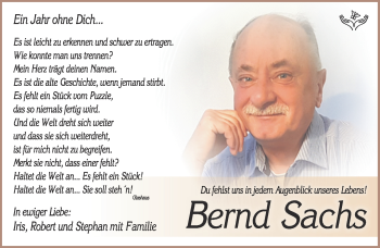 Traueranzeige von Bernd Sachs von Südthüringer Presse