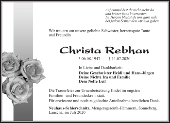 Traueranzeige von Christa Rebhan von Südthüringer Presse