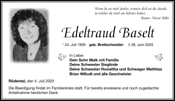 Traueranzeige von Edeltraud Baselt von Neue Presse Coburg