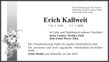 Traueranzeige von Erich Kallweit von Südthüringer Presse