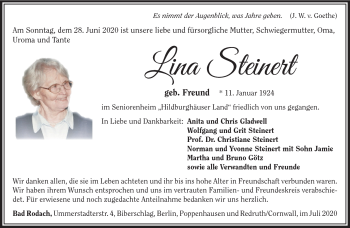 Traueranzeige von Lina Steinert von Südthüringer Presse
