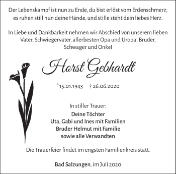 Traueranzeige von Horst Gebhardt von Südthüringer Presse