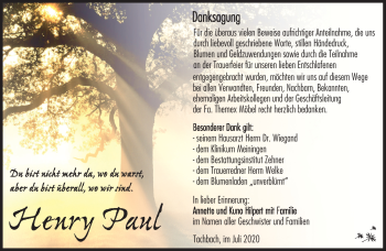 Traueranzeige von Henry Paul von Südthüringer Presse