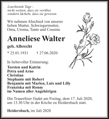 Traueranzeige von Anneliese Walter von Südthüringer Presse