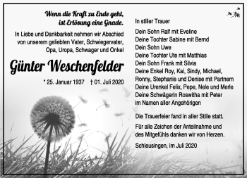 Traueranzeige von Günter Weschenfelder von Südthüringer Presse