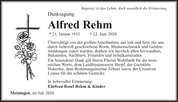 Traueranzeige von Alfred Rehm von Südthüringer Presse