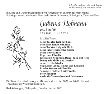 Traueranzeige von Ludwina Hofmann von Südthüringer Presse