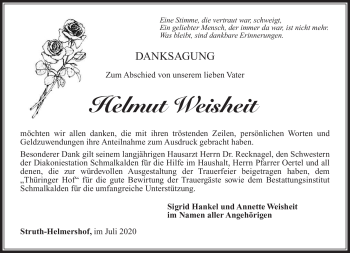 Traueranzeige von Helmut Weisheit von Südthüringer Presse