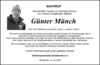 Traueranzeige von Günter Münch von Südthüringer Presse
